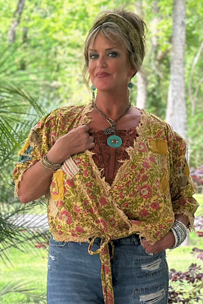 JADED GYPSY Mustard Floral Cheerful Walks Wrap Top
