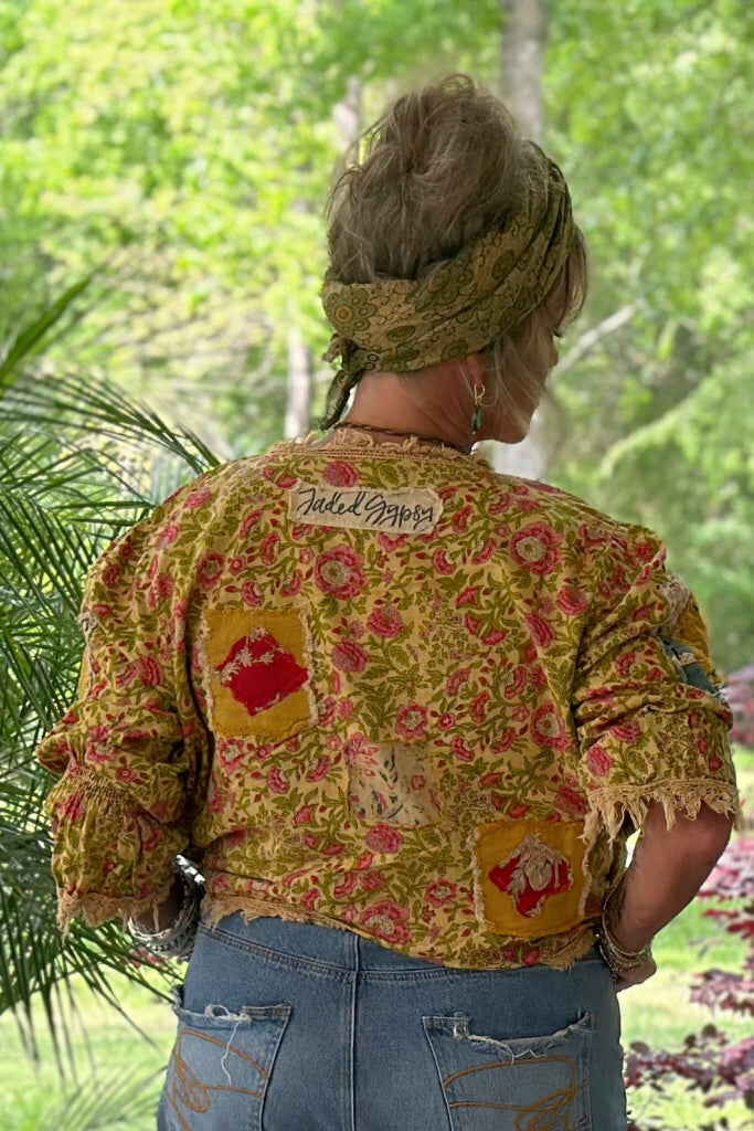 JADED GYPSY Mustard Floral Cheerful Walks Wrap Top