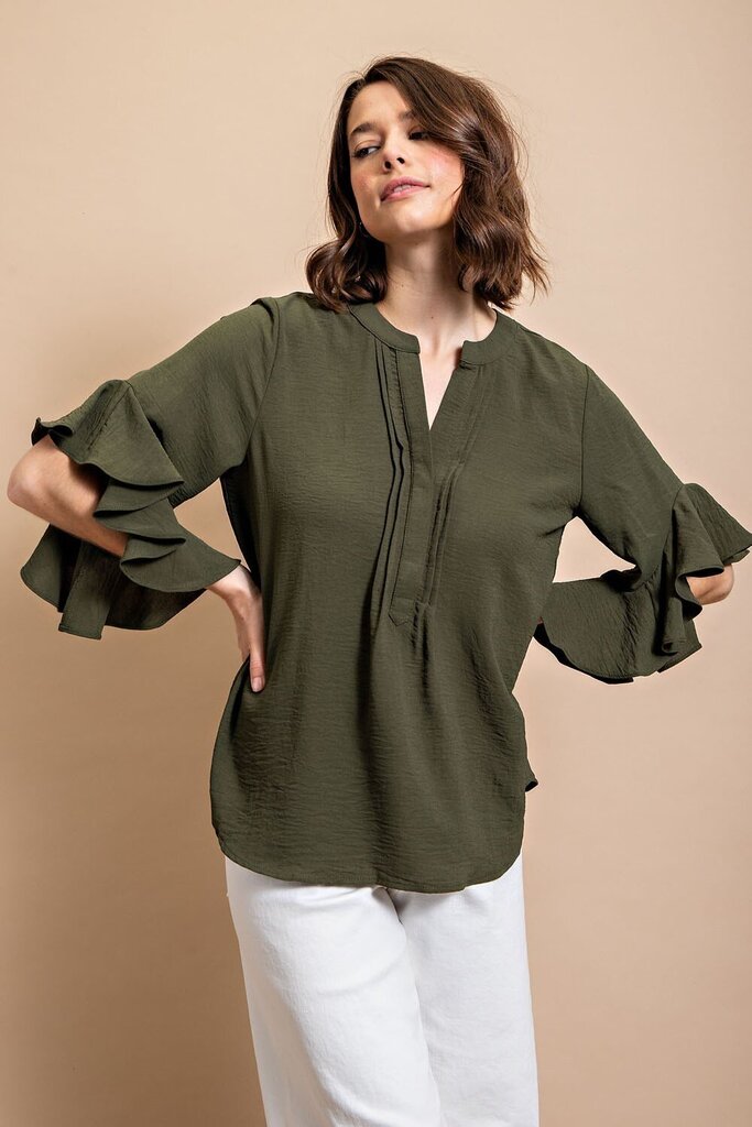 GIGIO Olive Ruffled V-neck Bell Sleeve Top