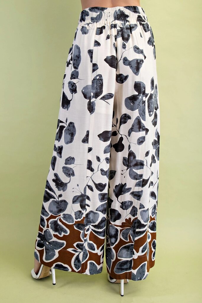 GIGIO Cream Charcoal Mixed Leaf Print Wide Leg Pant