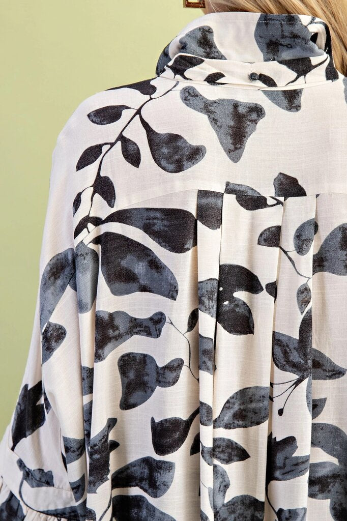 GIGIO Cream and Charcoal Mix Leaf Print Button Down Mid Sleeve Top
