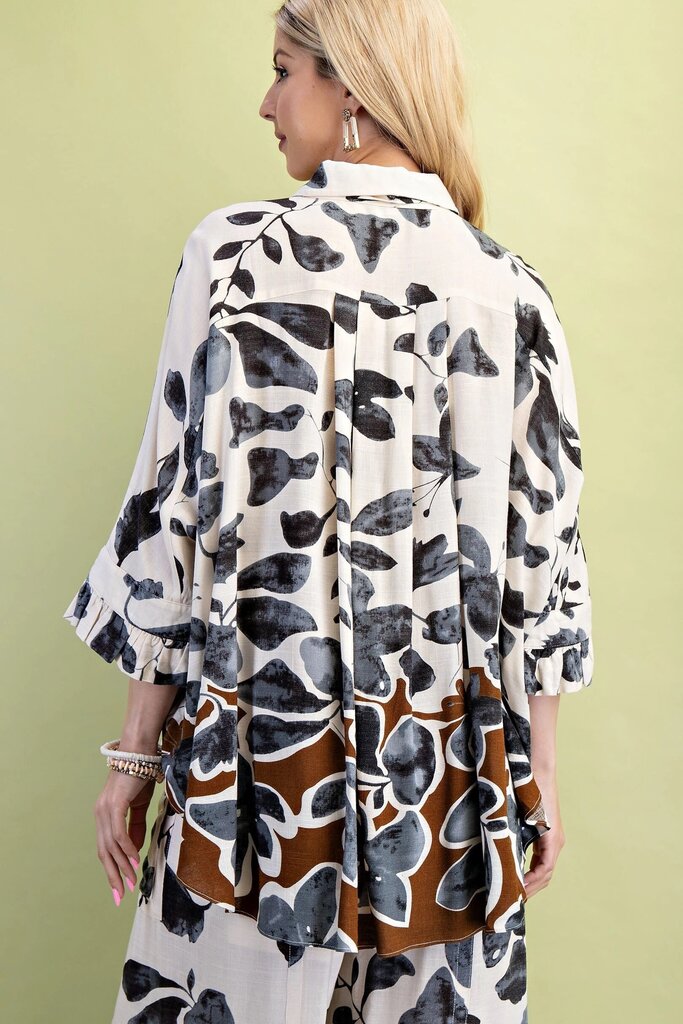 GIGIO Cream and Charcoal Mix Leaf Print Button Down Mid Sleeve Top