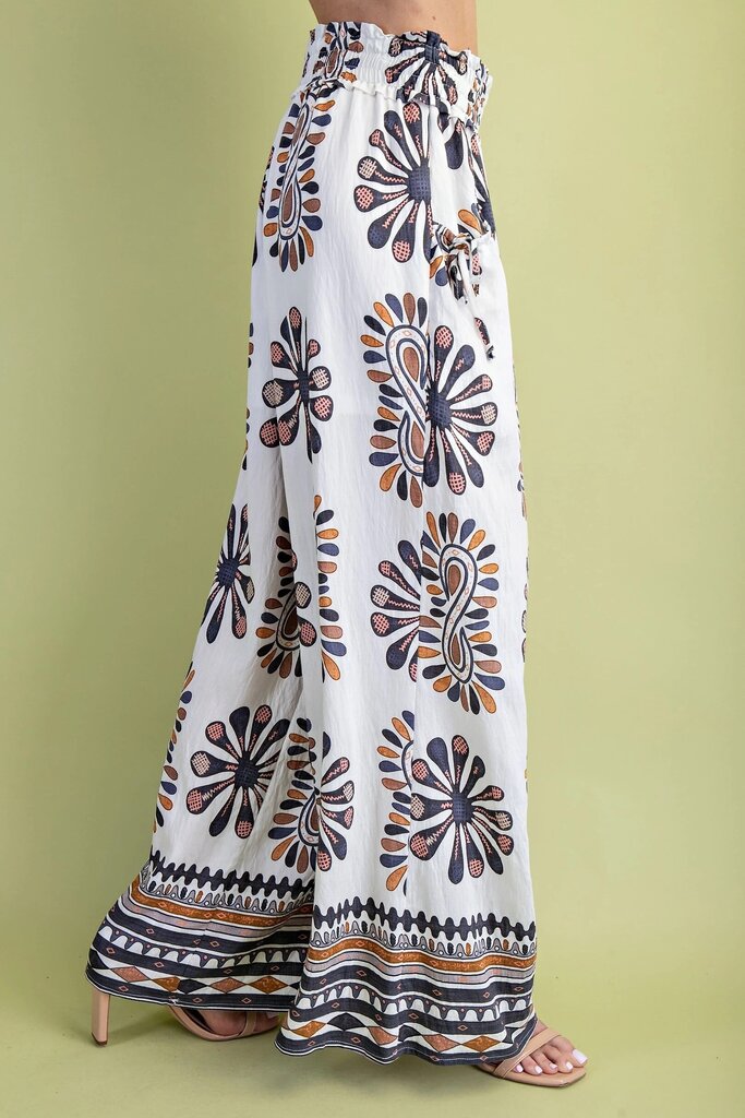 GIGIO White and Grey Mix Print Smocked Waist Wide Leg Pant