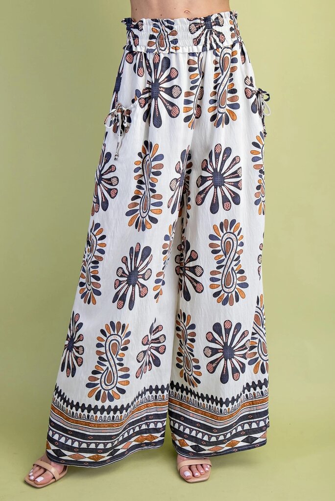 GIGIO White and Grey Mix Print Smocked Waist Wide Leg Pant