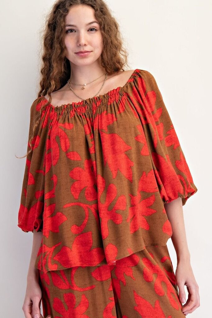 EASEL Brown and Camellia Bubble Sleeve Top