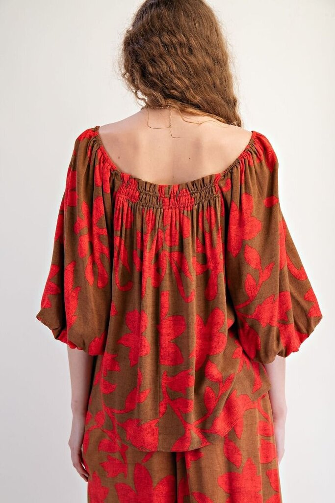 EASEL Brown and Camellia Bubble Sleeve Top