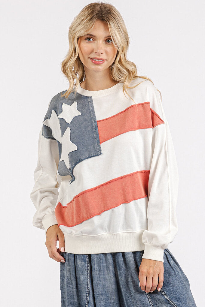 MITTOSHOP White Cotton French Terry Flag Patch Long Sleeve Pullover Top
