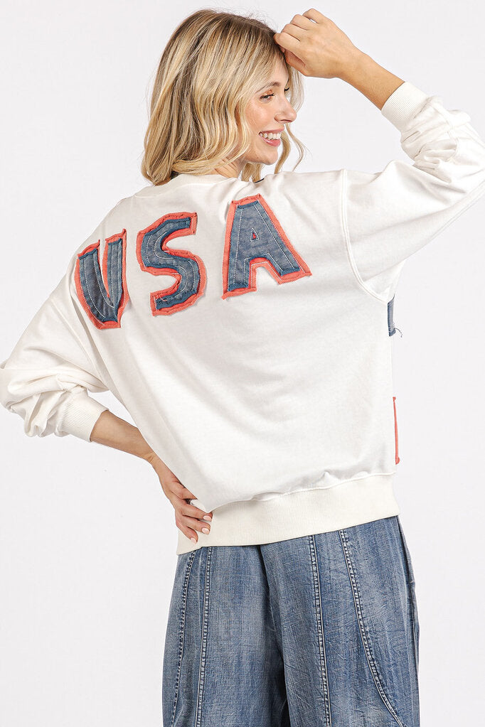 MITTOSHOP White Cotton French Terry Flag Patch Long Sleeve Pullover Top