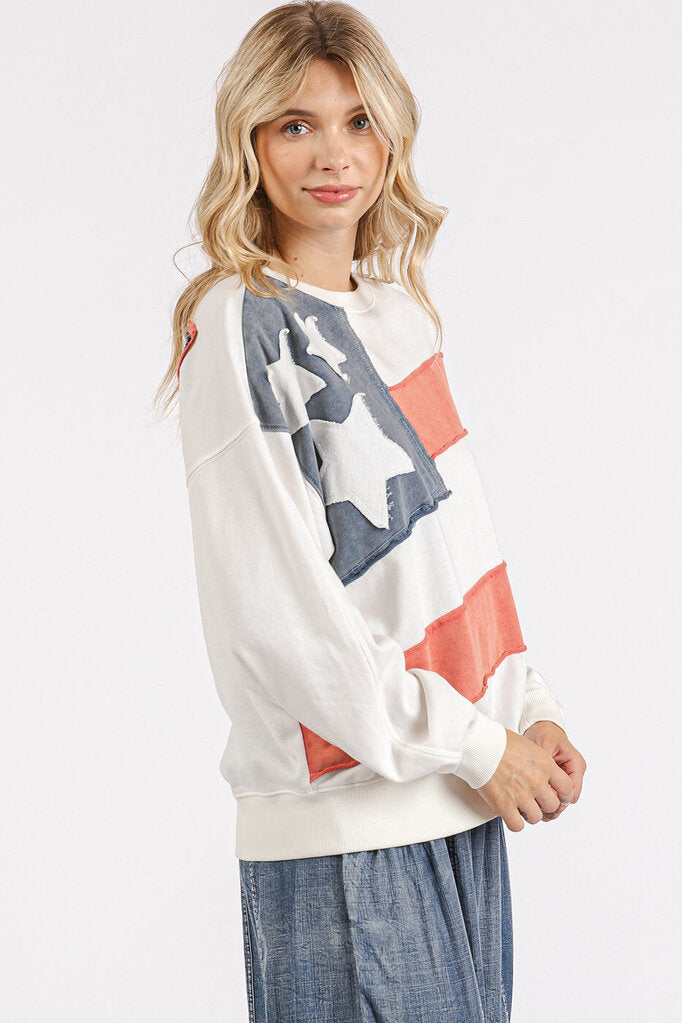 MITTOSHOP White Cotton French Terry Flag Patch Long Sleeve Pullover Top