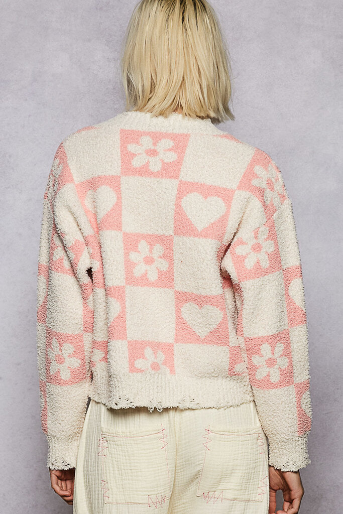 POL Cream and Antique Pink V-Neck Long Sleeve Square Printed Sweater
