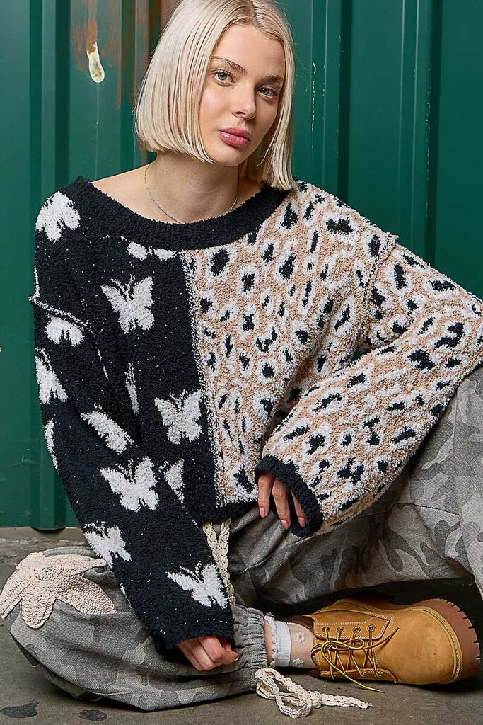 POL Black and khaki Butterful and Leopard Long Sleeve Sweater