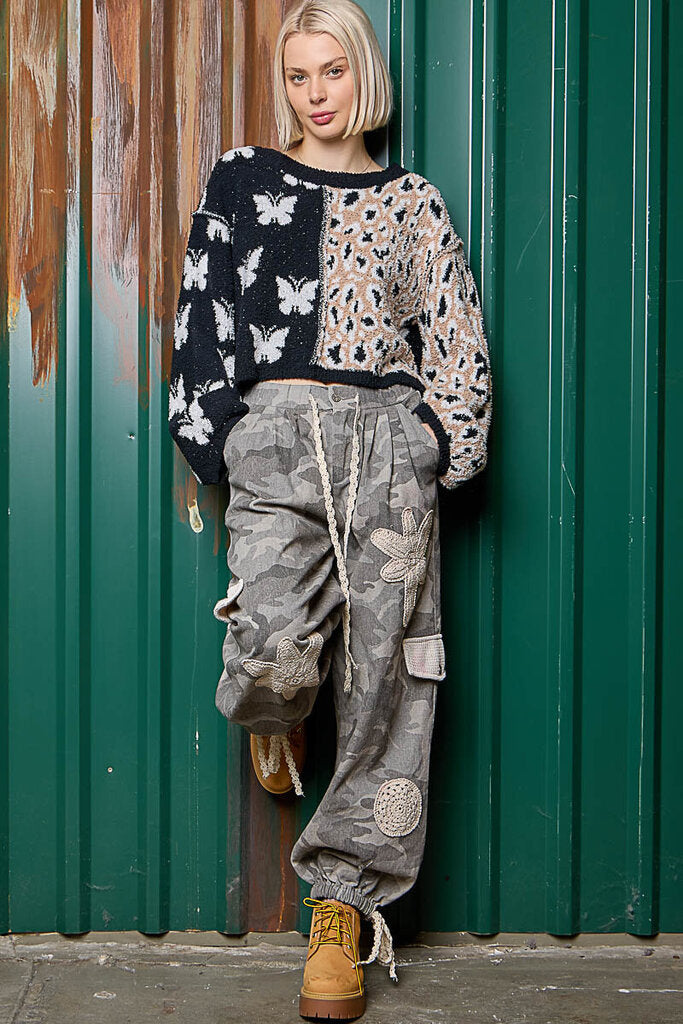 POL Black and khaki Butterful and Leopard Long Sleeve Sweater