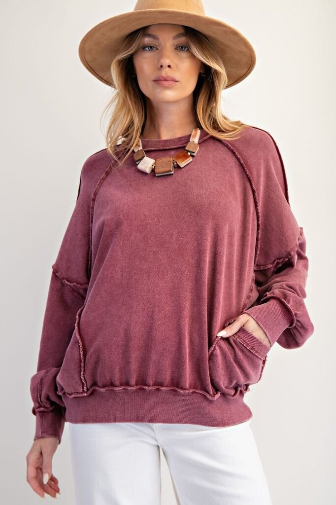 EASEL Mulberry Front Pocket Pullover Cotton Long Sleeve Top