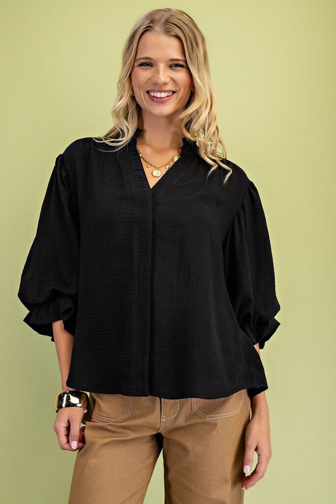 GIGIO Black Mid Sleeve Button Down Top
