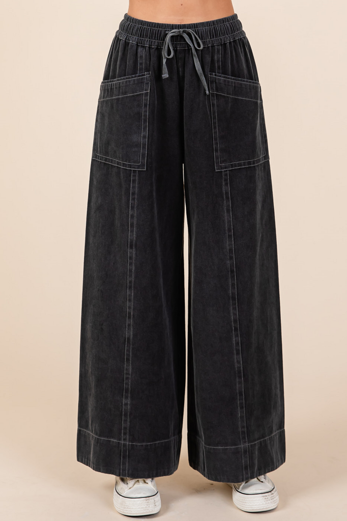 MITTOSHOP Black Wide Leg Drawstring Jean