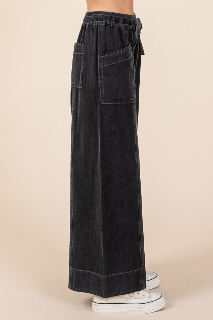 MITTOSHOP Black Wide Leg Drawstring Jean
