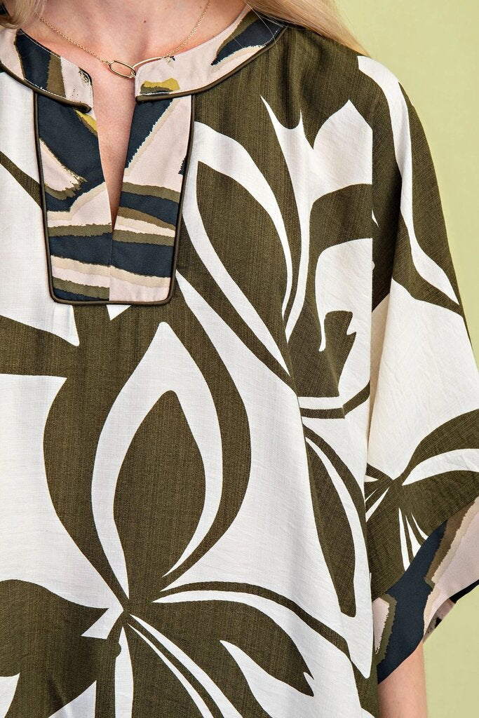 GIGIO Leaf Print Olive Mix Kaftan Sleeve Top
