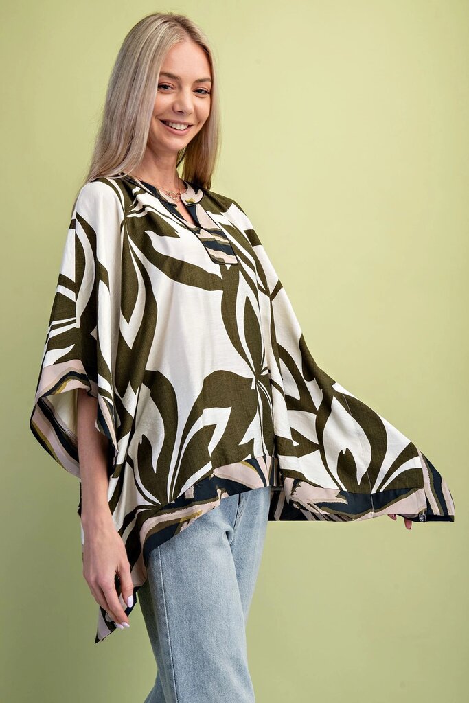 GIGIO Leaf Print Olive Mix Kaftan Sleeve Top