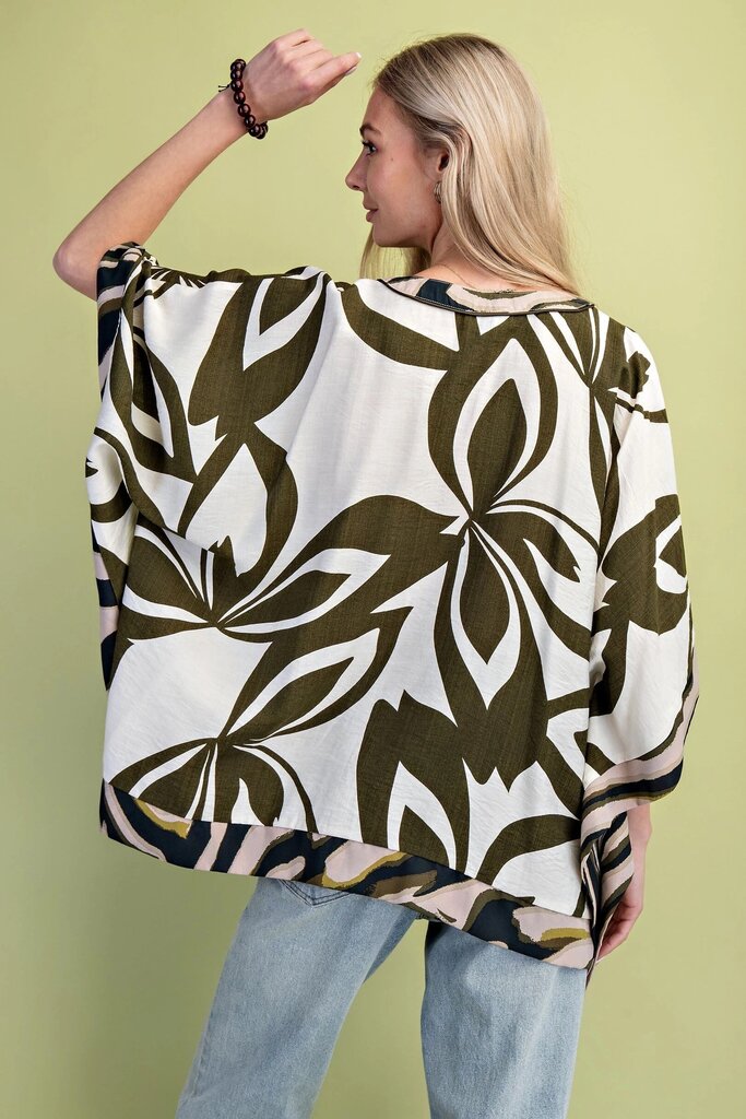 GIGIO Leaf Print Olive Mix Kaftan Sleeve Top