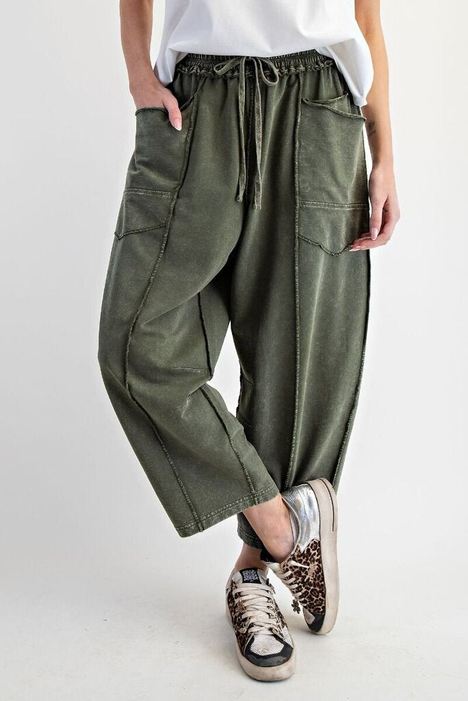 EASEL Green Mineral Wash Barrel Terry Lounge Pant
