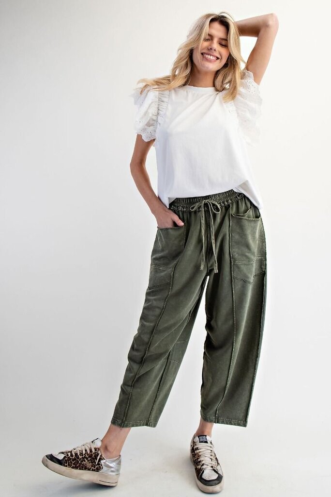 EASEL Green Mineral Wash Barrel Terry Lounge Pant