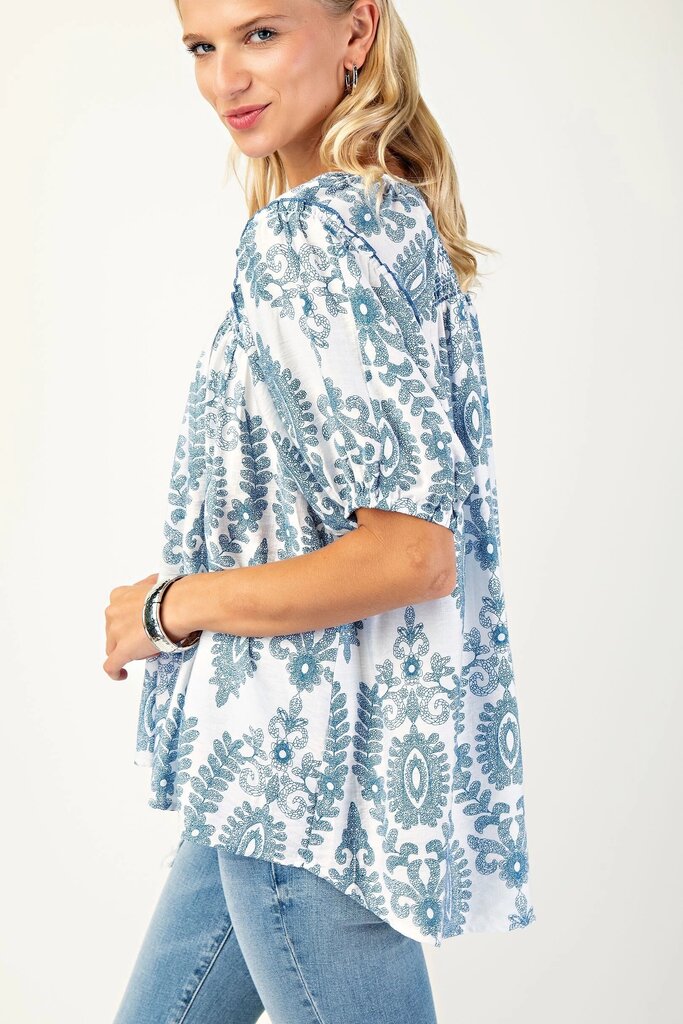 GIGIO White & Blue Short Sleeve Top