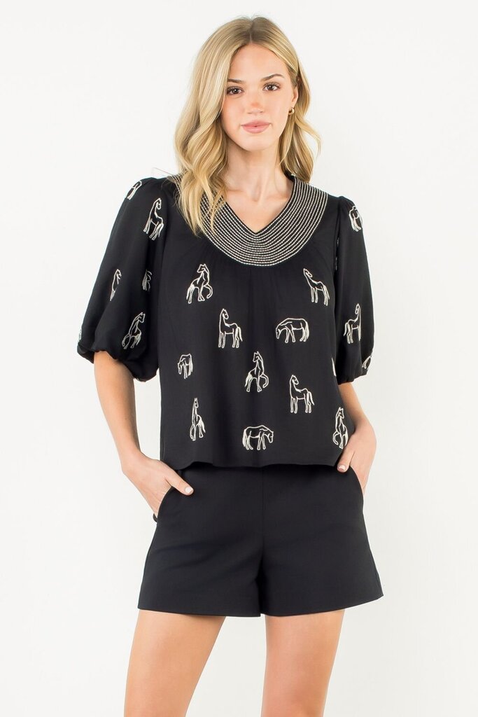 THML Black with Embroidered Horse Puff Sleeve Top
