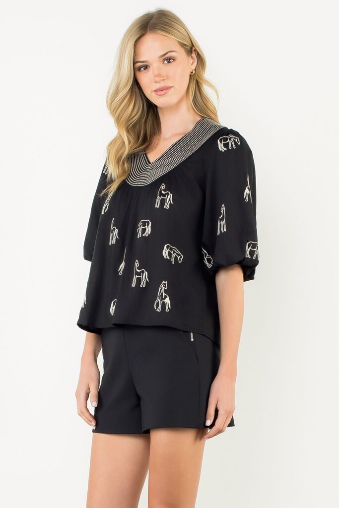THML Black with Embroidered Horse Puff Sleeve Top