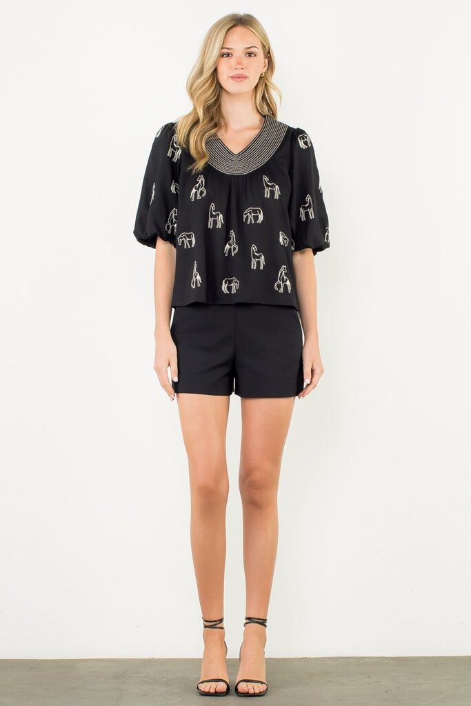 THML Black with Embroidered Horse Puff Sleeve Top