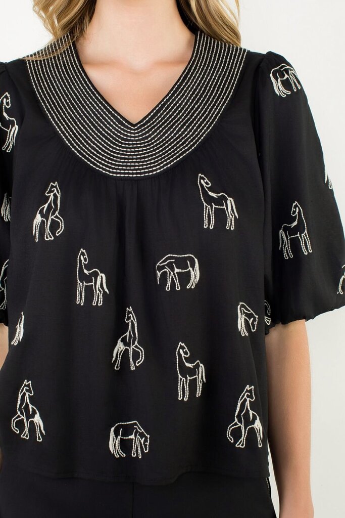 THML Black with Embroidered Horse Puff Sleeve Top