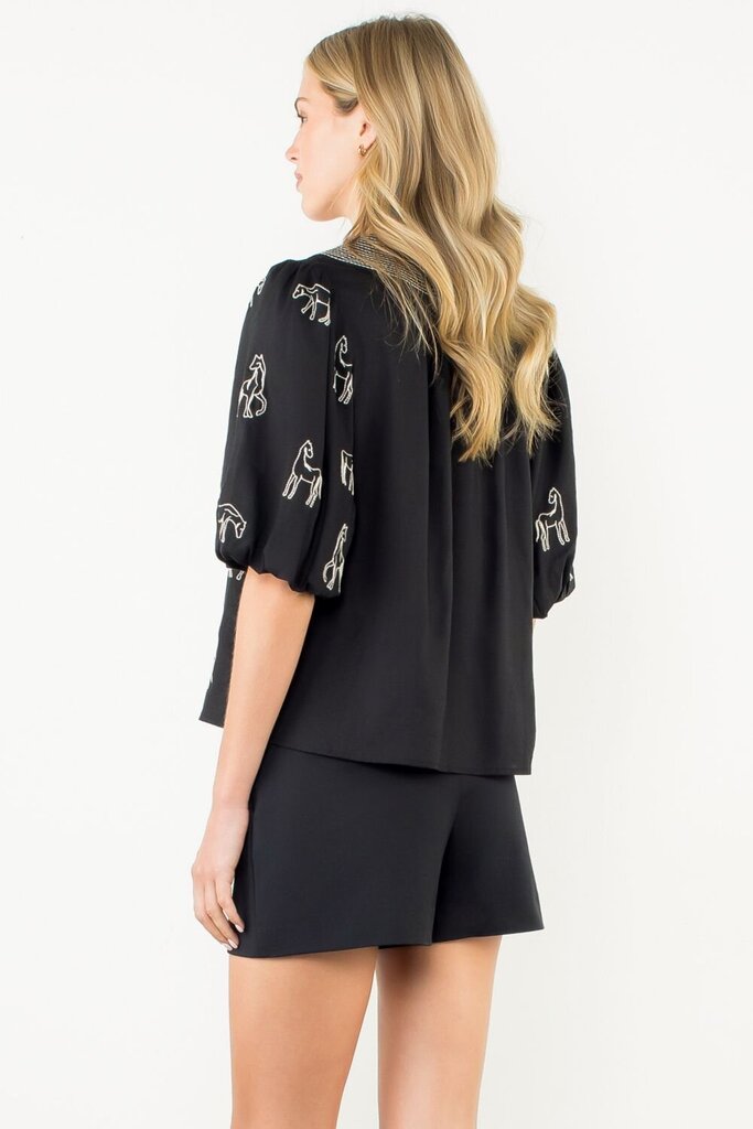 THML Black with Embroidered Horse Puff Sleeve Top