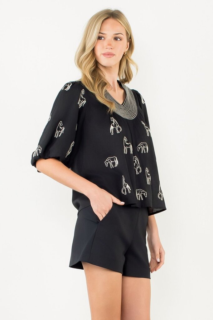THML Black with Embroidered Horse Puff Sleeve Top