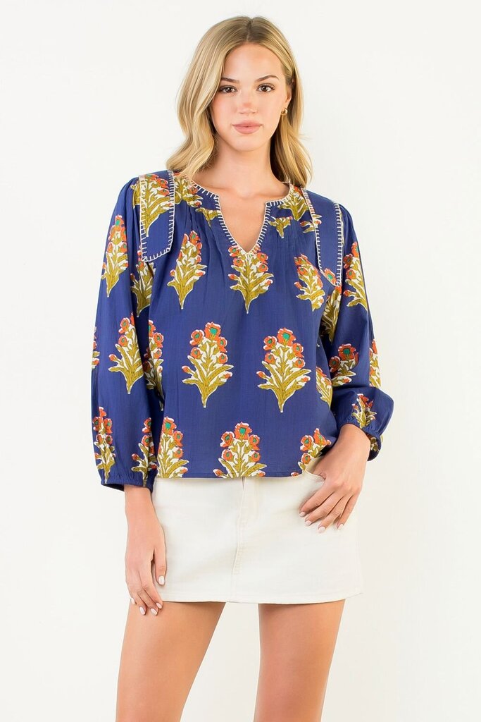 THML Navy Long Sleeve V-Neck Mixed Floral with Stitch Detail Top