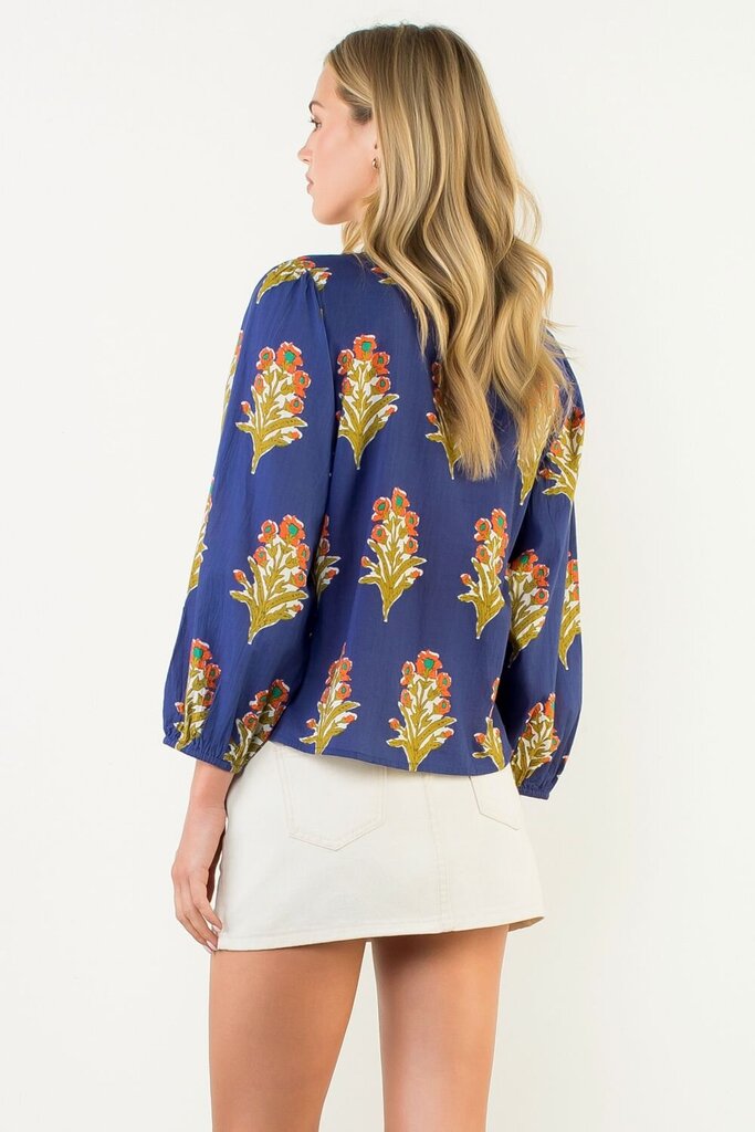 THML Navy Long Sleeve V-Neck Mixed Floral with Stitch Detail Top