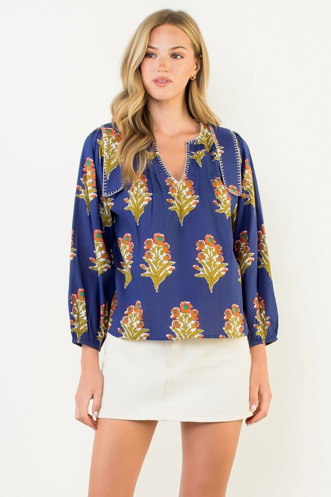THML Navy Long Sleeve V-Neck Mixed Floral with Stitch Detail Top