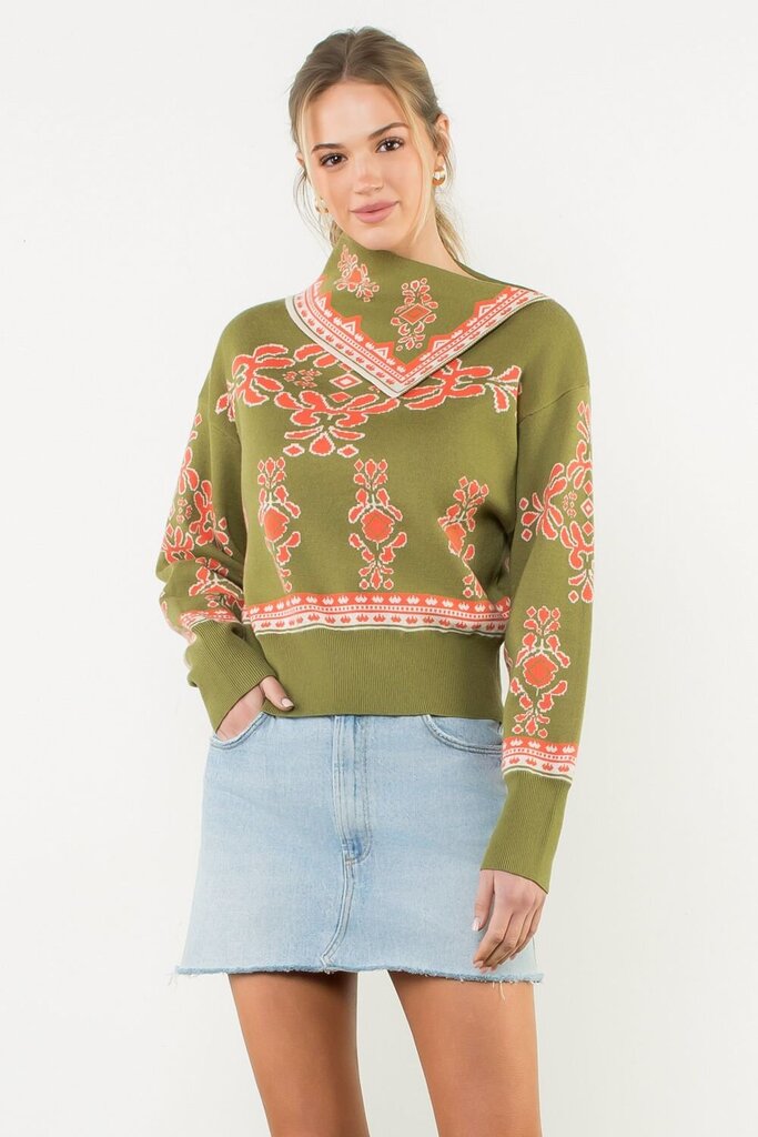 THML Olive Mixed Print Scarf Neck Sweater