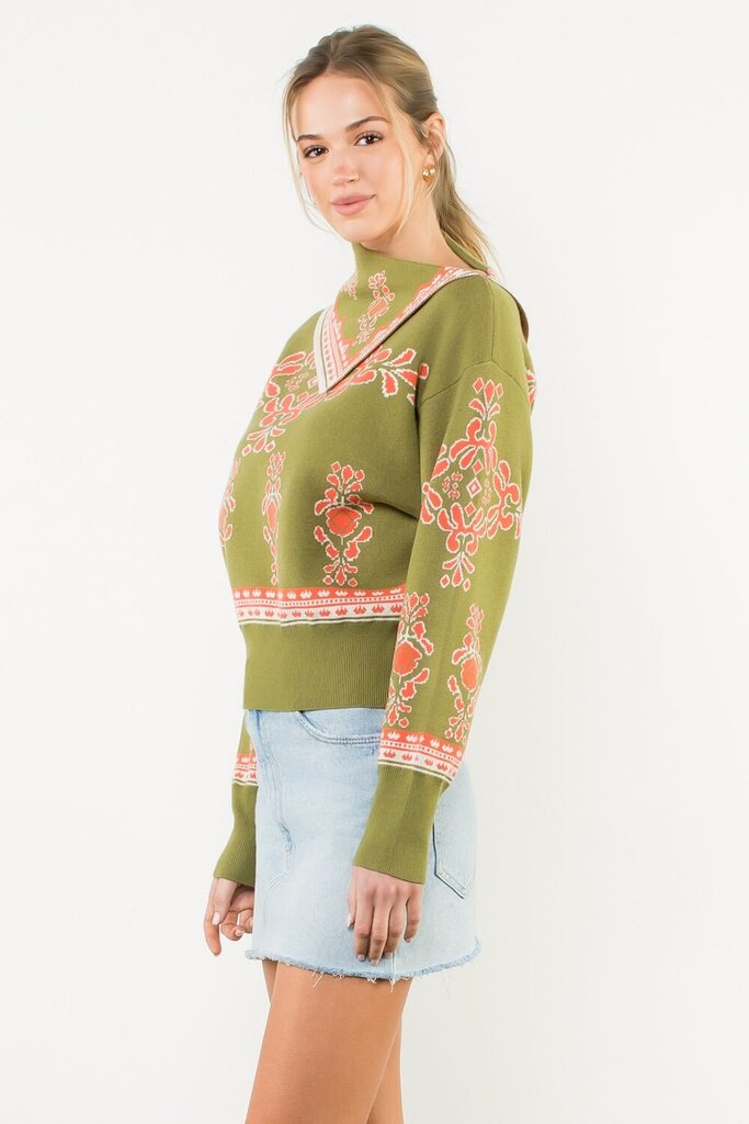 THML Olive Mixed Print Scarf Neck Sweater