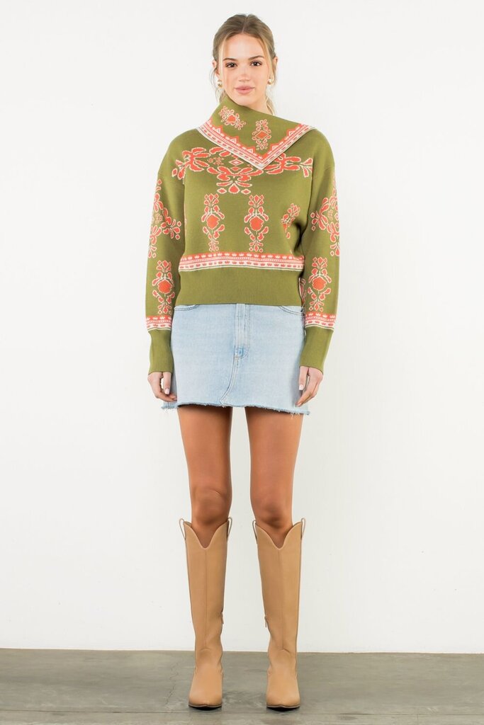 THML Olive Mixed Print Scarf Neck Sweater