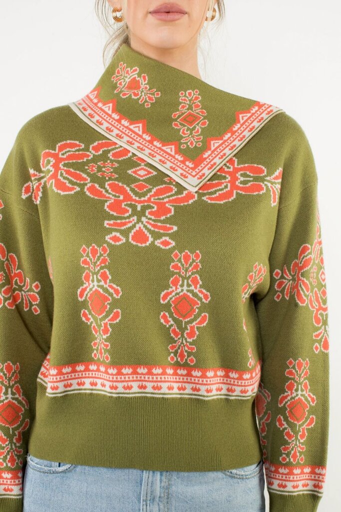 THML Olive Mixed Print Scarf Neck Sweater