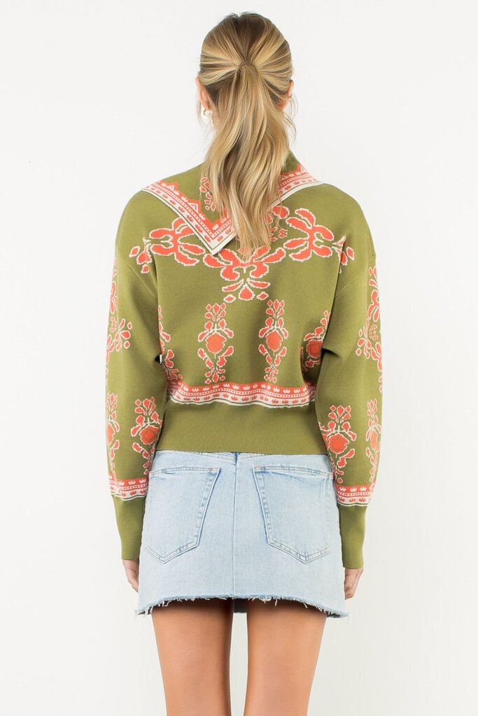 THML Olive Mixed Print Scarf Neck Sweater