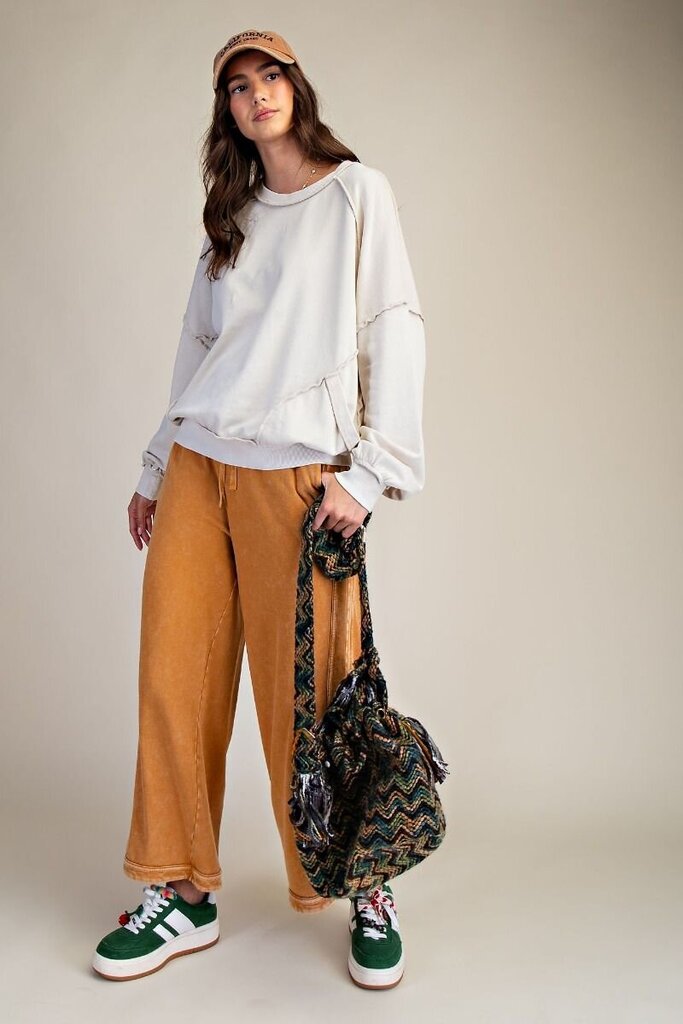 EASEL Cream Front Pocket Pullover Cotton Long Sleeve Top