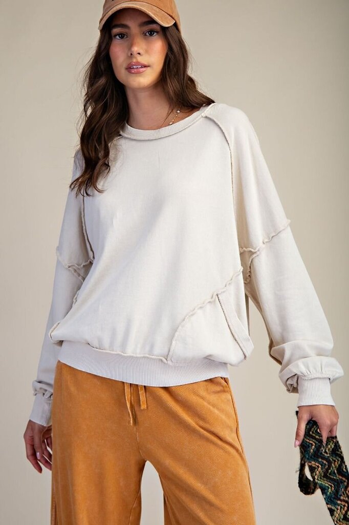 EASEL Cream Front Pocket Pullover Cotton Long Sleeve Top