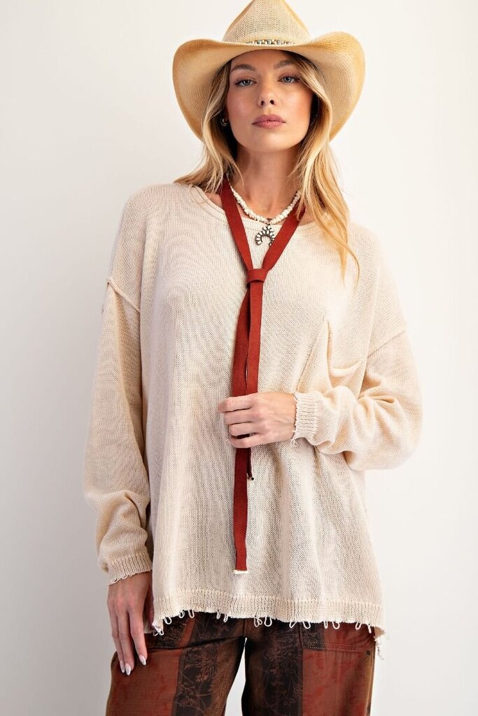 EASEL Oatmeal Long Sleeve Pocket Crew Neck Sweater