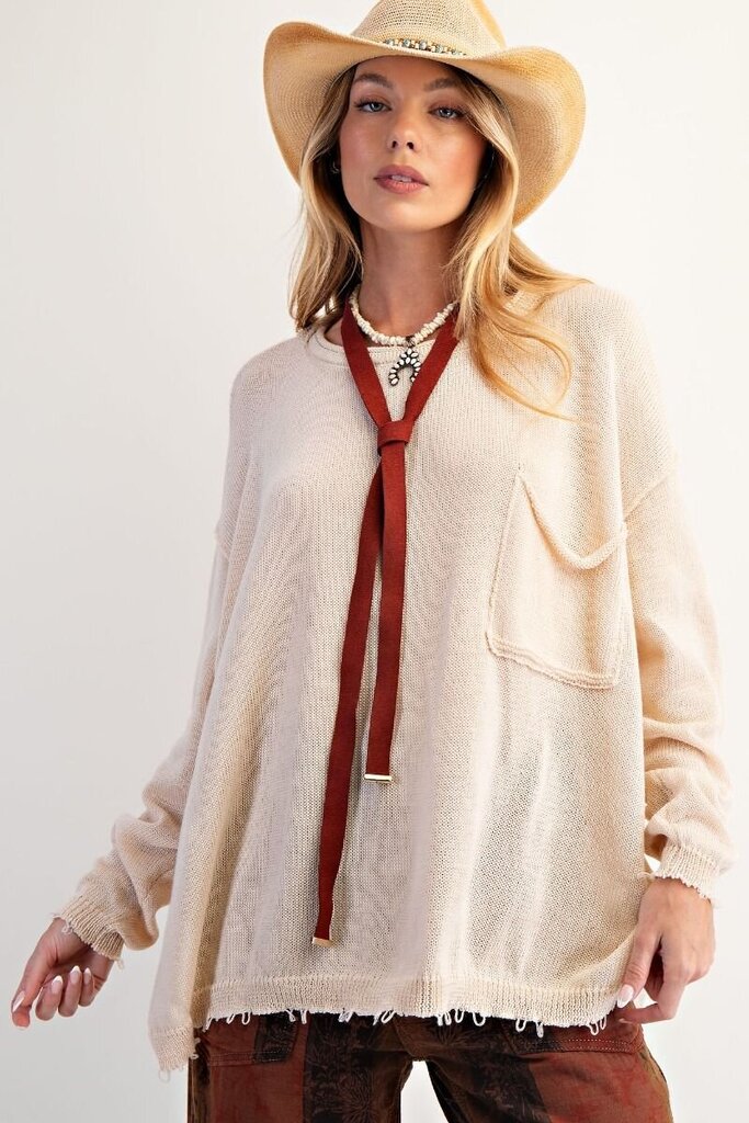 EASEL Oatmeal Long Sleeve Pocket Crew Neck Sweater