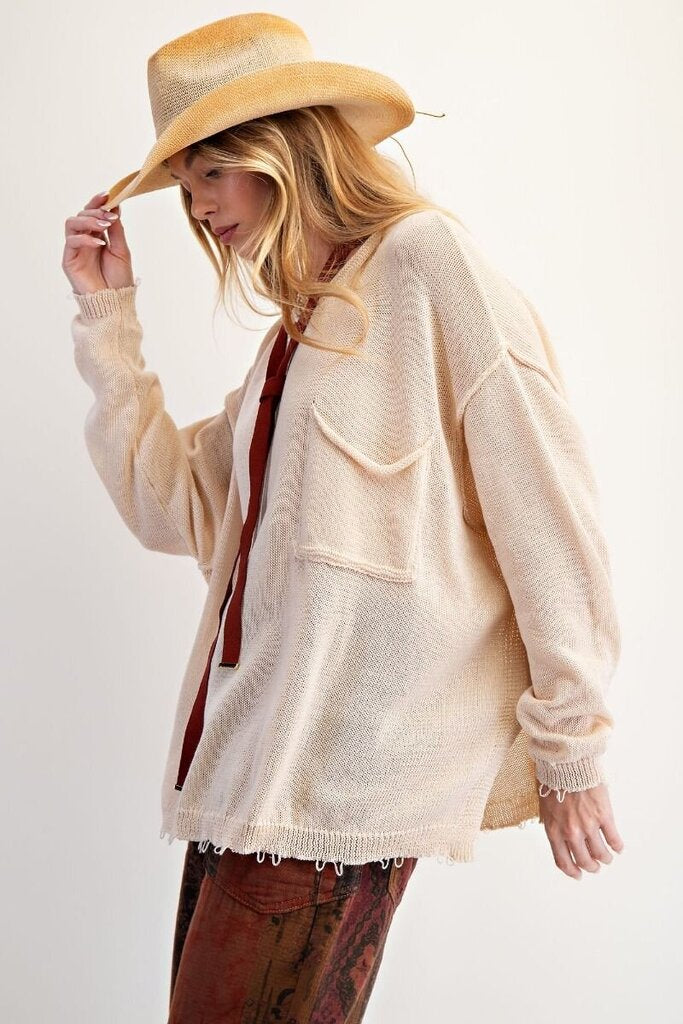 EASEL Oatmeal Long Sleeve Pocket Crew Neck Sweater