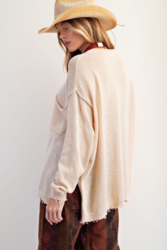 EASEL Oatmeal Long Sleeve Pocket Crew Neck Sweater