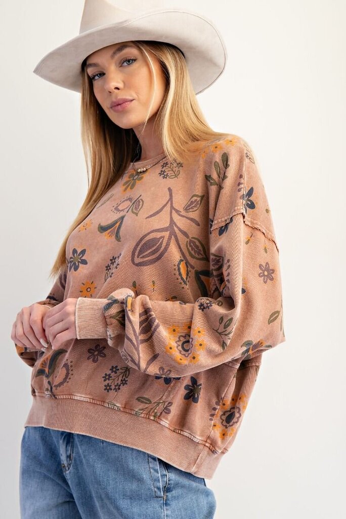 EASEL Mocha Mineral Wash Long Sleeve Floral Print Terry Pullover Top