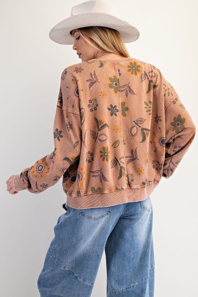 EASEL Mocha Mineral Wash Long Sleeve Floral Print Terry Pullover Top