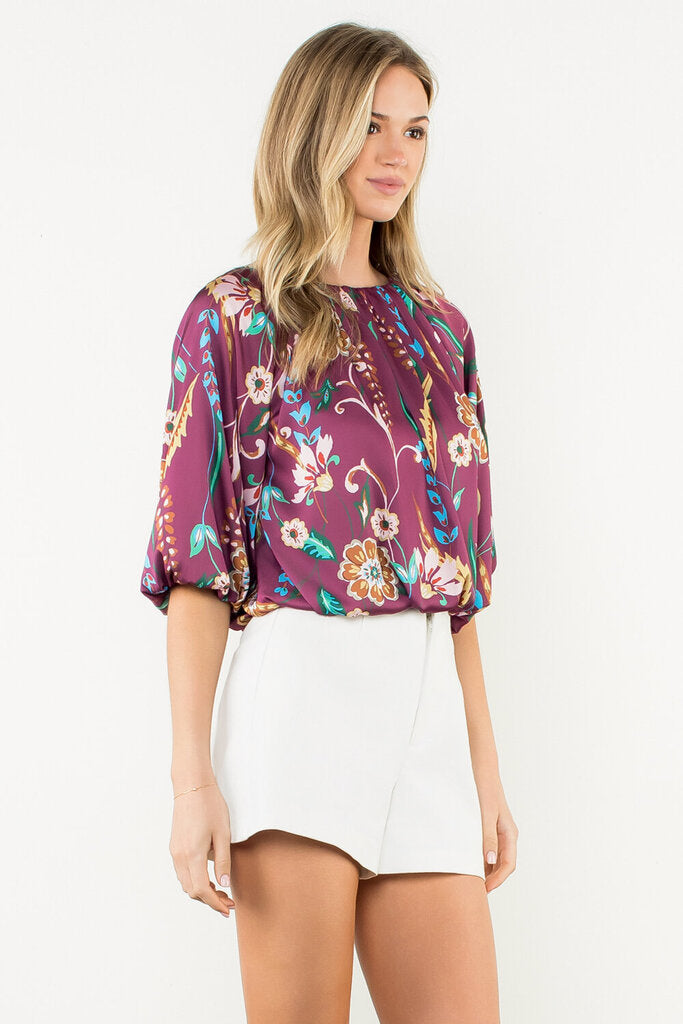 THML Wine Floral Boatneck Balloon Sleeve Top