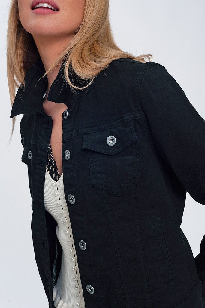 Q2 Black Stretch Trucker Denim Jacket